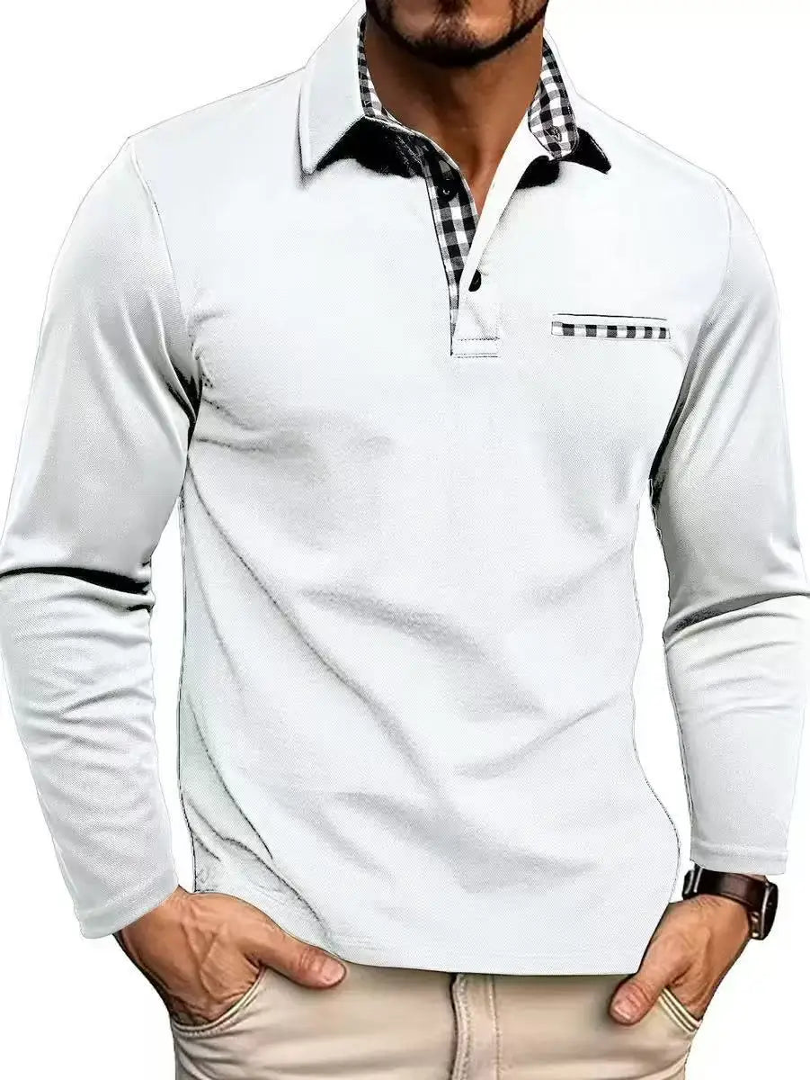 2026 New men's casual and fashionable long-sleeved POLO shirt, lapel and color-block T-shirt, sports and fitness men's clothing