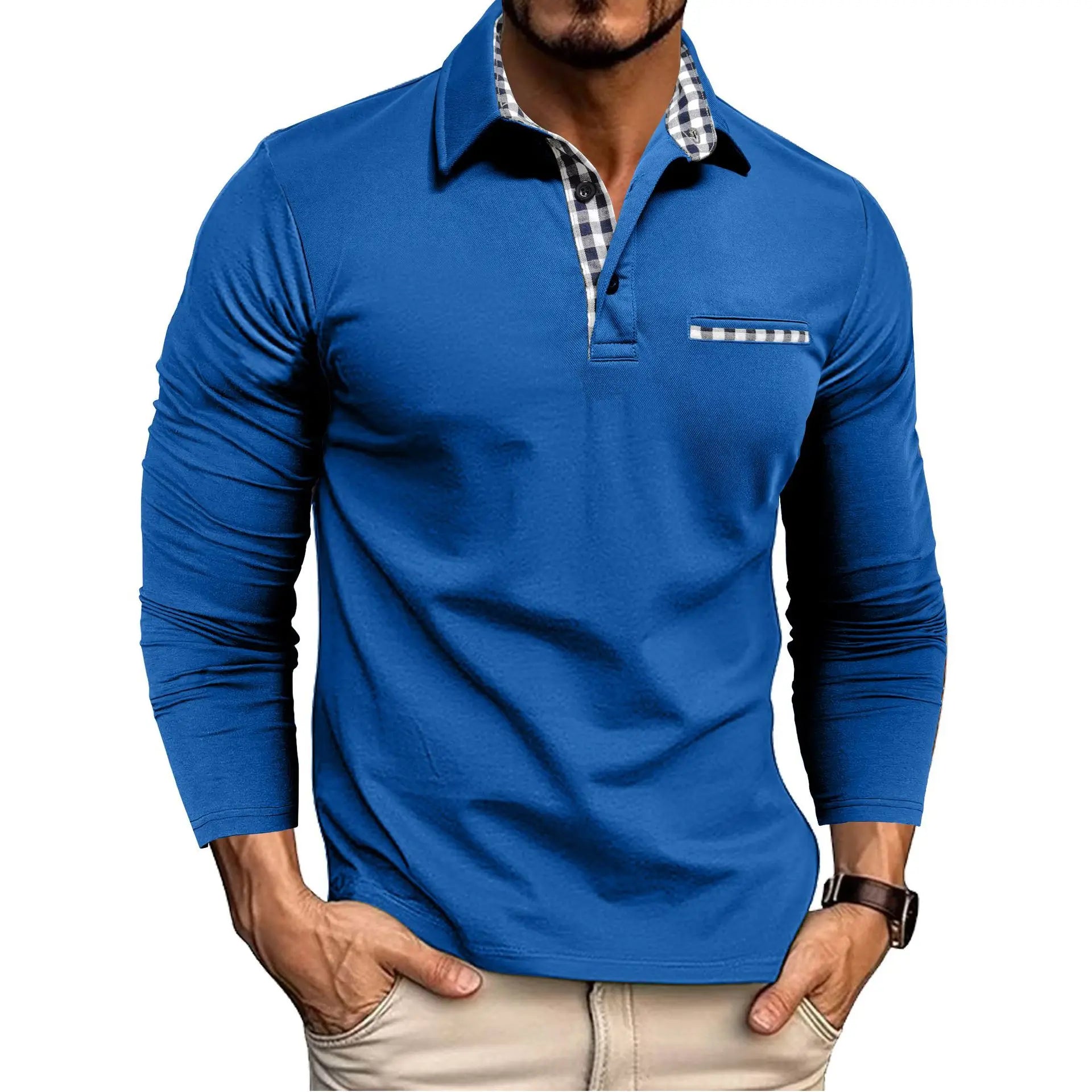 2026 New men's casual and fashionable long-sleeved POLO shirt, lapel and color-block T-shirt, sports and fitness men's clothing