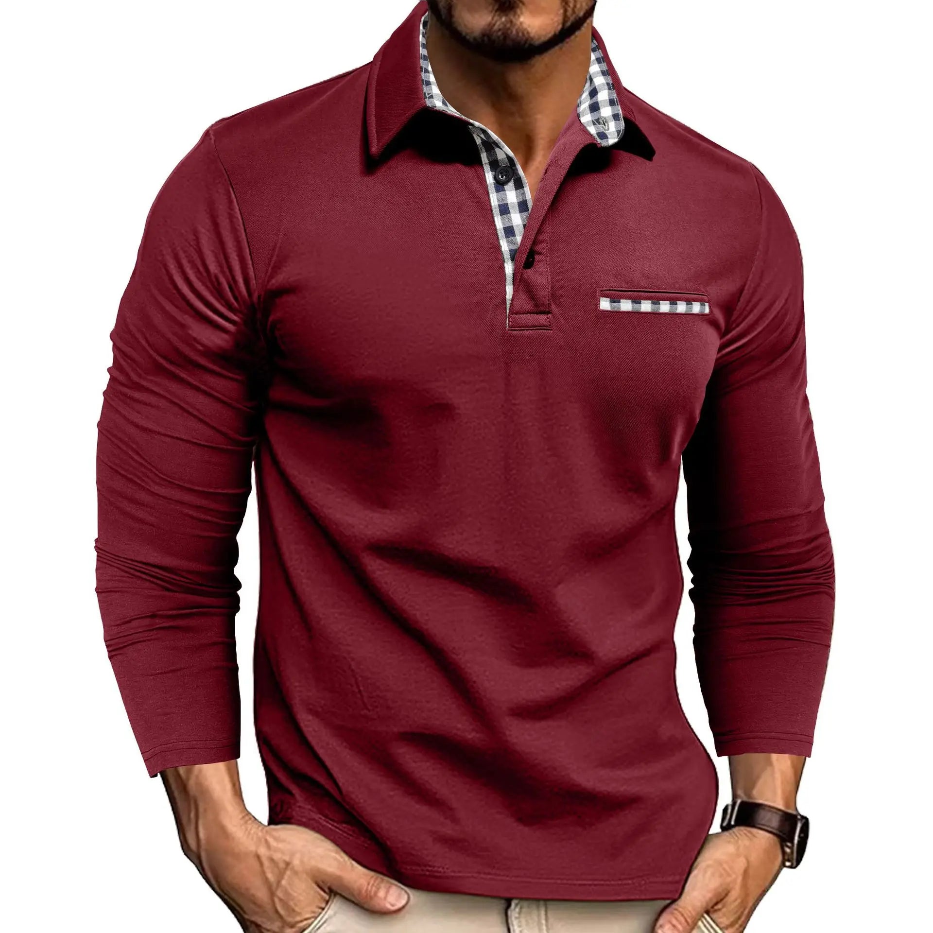 2026 New men's casual and fashionable long-sleeved POLO shirt, lapel and color-block T-shirt, sports and fitness men's clothing