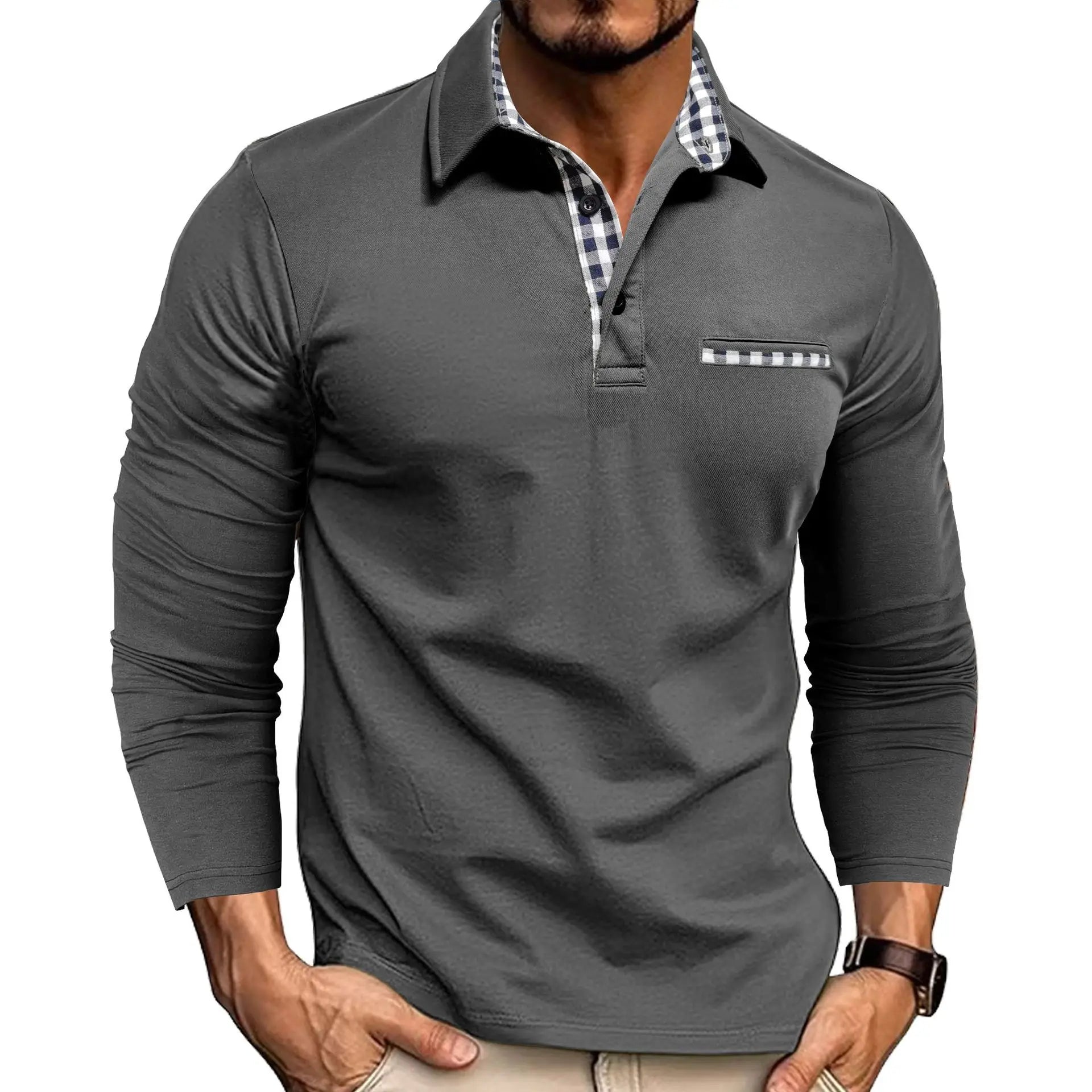 2026 New men's casual and fashionable long-sleeved POLO shirt, lapel and color-block T-shirt, sports and fitness men's clothing
