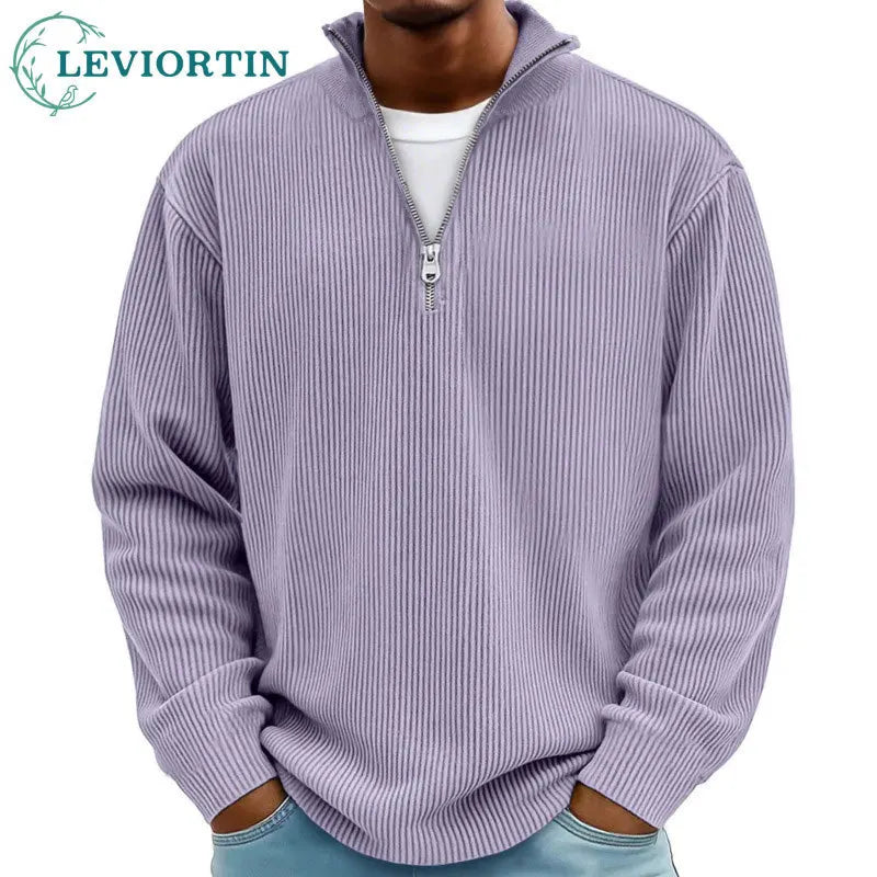 autumn/winter new men's fashion versatile casual stand up collar half zipper design corduroy long sleeved polo shirt sweatshirt