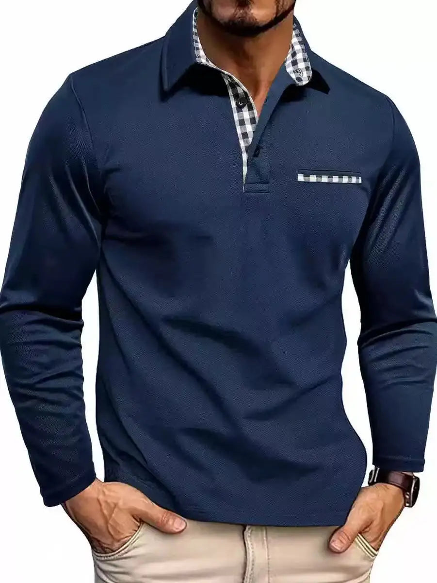 2026 New men's casual and fashionable long-sleeved POLO shirt, lapel and color-block T-shirt, sports and fitness men's clothing