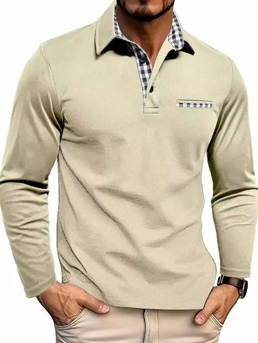 2026 New men's casual and fashionable long-sleeved POLO shirt, lapel and color-block T-shirt, sports and fitness men's clothing