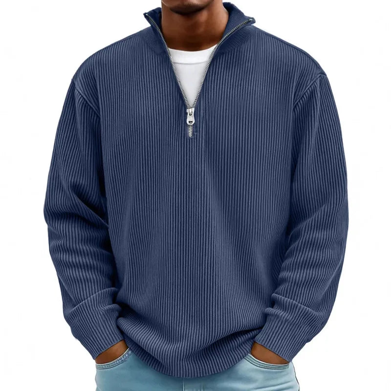 autumn/winter new men's fashion versatile casual stand up collar half zipper design corduroy long sleeved polo shirt sweatshirt