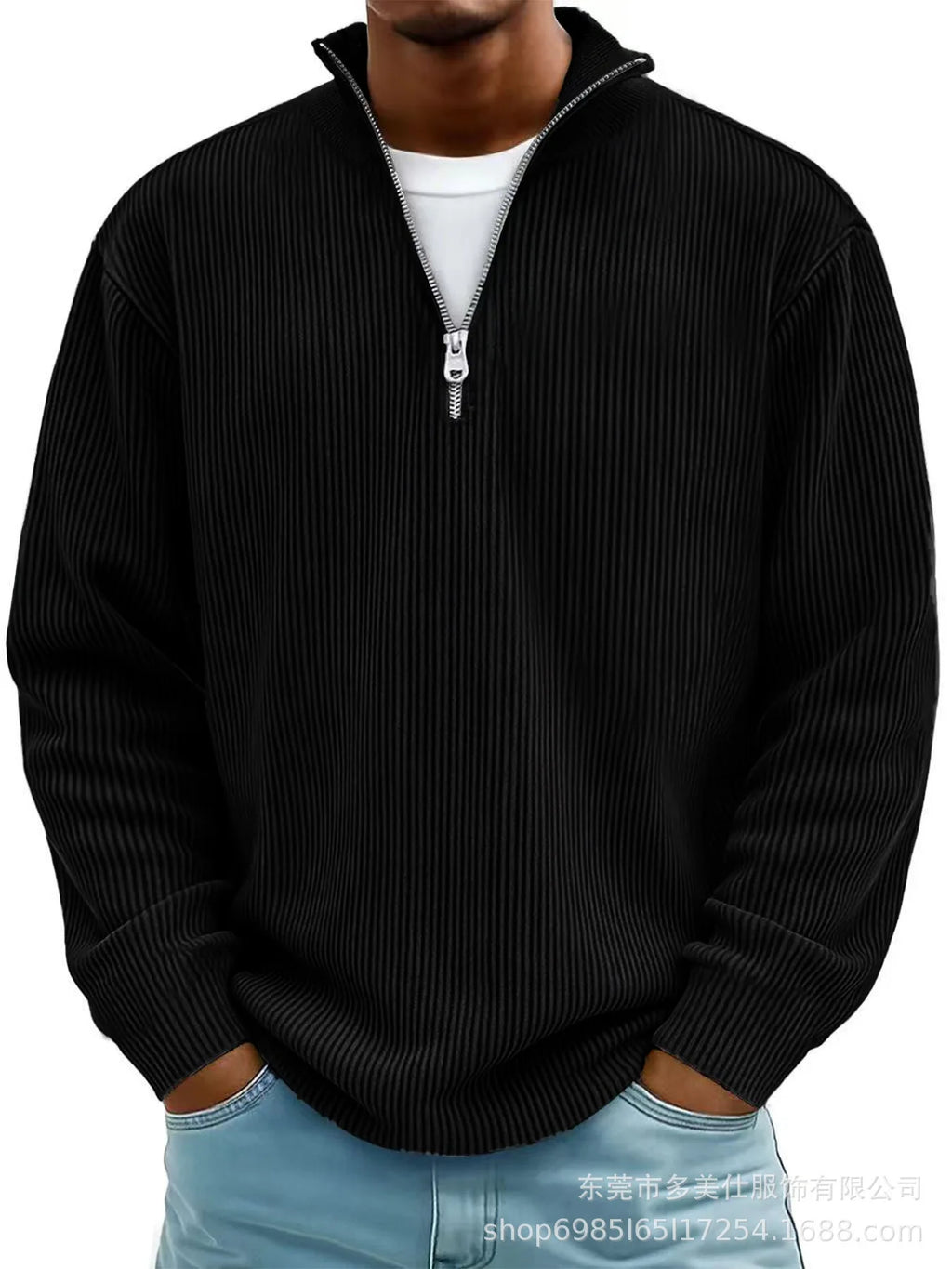 autumn/winter new men's fashion versatile casual stand up collar half zipper design corduroy long sleeved polo shirt sweatshirt