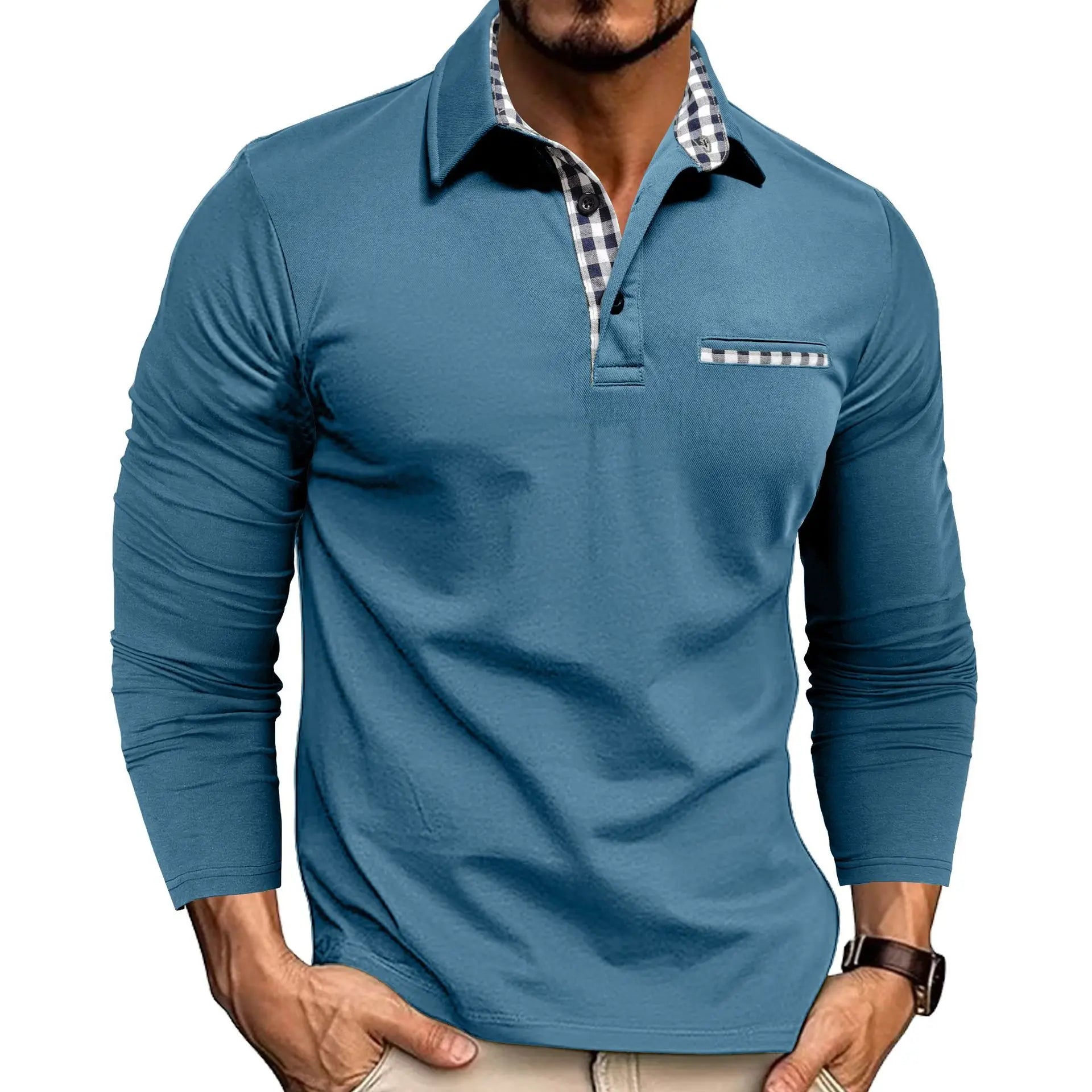 2026 New men's casual and fashionable long-sleeved POLO shirt, lapel and color-block T-shirt, sports and fitness men's clothing