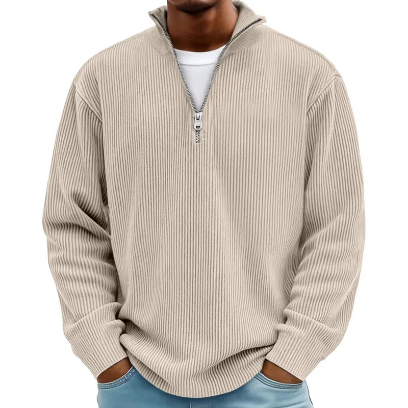 autumn/winter new men's fashion versatile casual stand up collar half zipper design corduroy long sleeved polo shirt sweatshirt