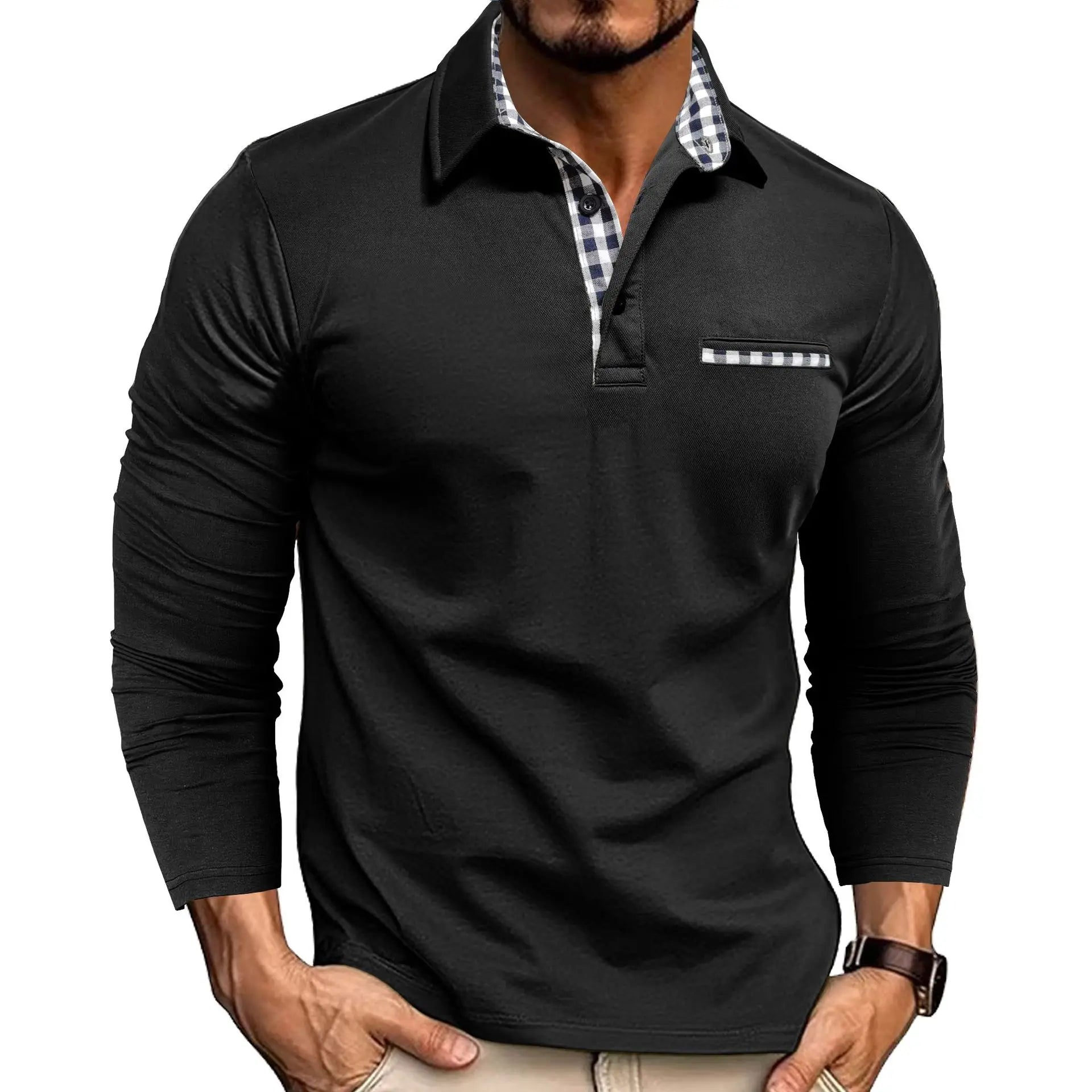 2026 New men's casual and fashionable long-sleeved POLO shirt, lapel and color-block T-shirt, sports and fitness men's clothing